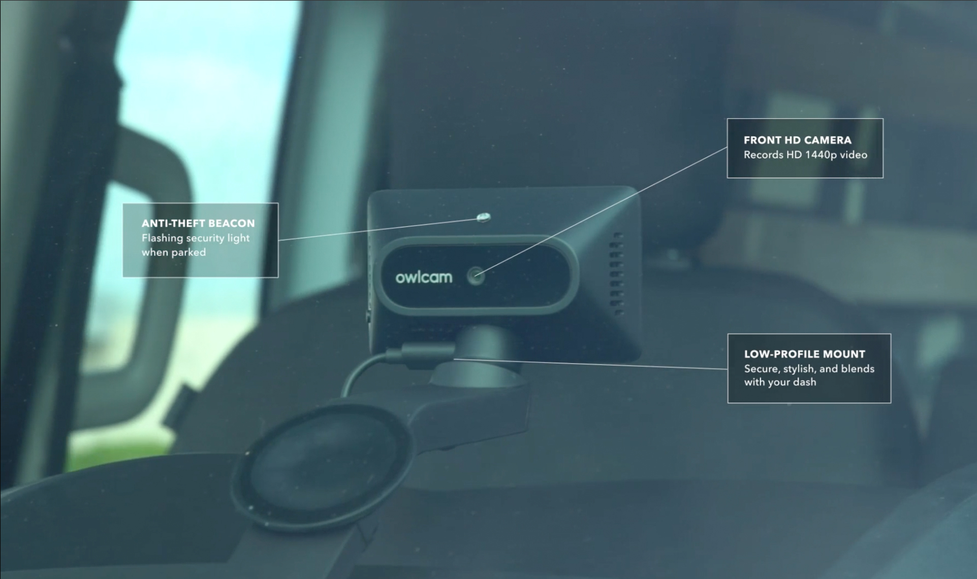 Rear view of Owlcam which includes feature information. Features listed are anti-theft beacon, front HD camera, and a low-profile mount.