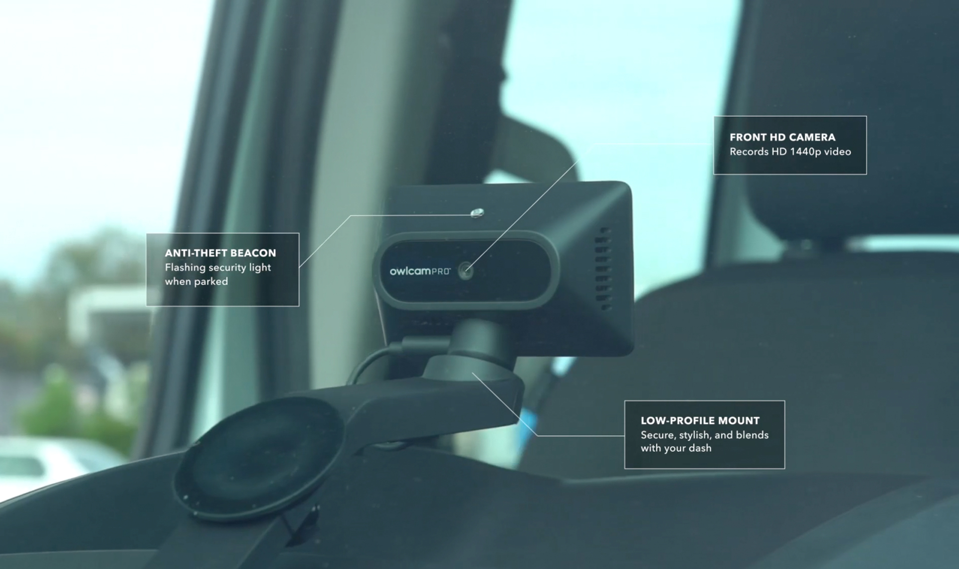 Rear view of Owlcam Pro which includes information on features. Features listed are anti-theft beacon, front HD camera, and a low-profile mount.