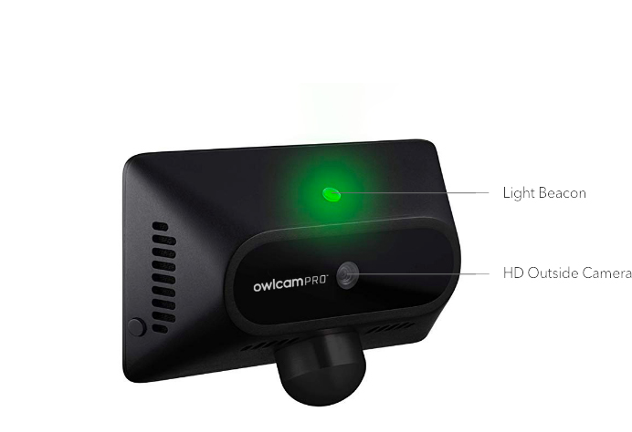 Rear view of Owlcam Pro with green light beacon and HD outside camera.