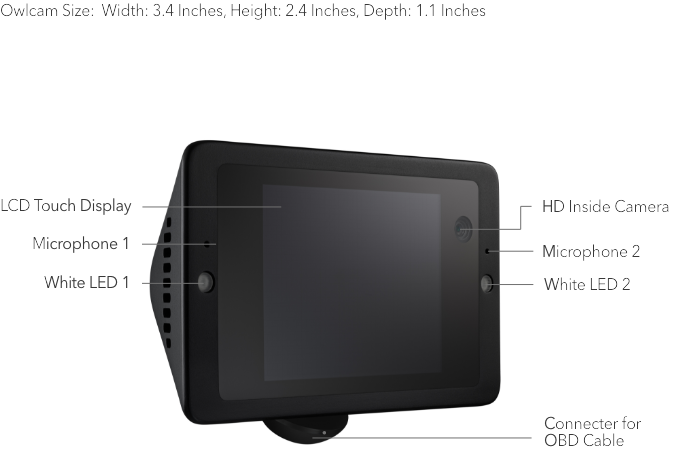 A tech spec detailing the LCD touch screen, microphones, LED lights, the HD inside camera, and the connector for the OBD cable.